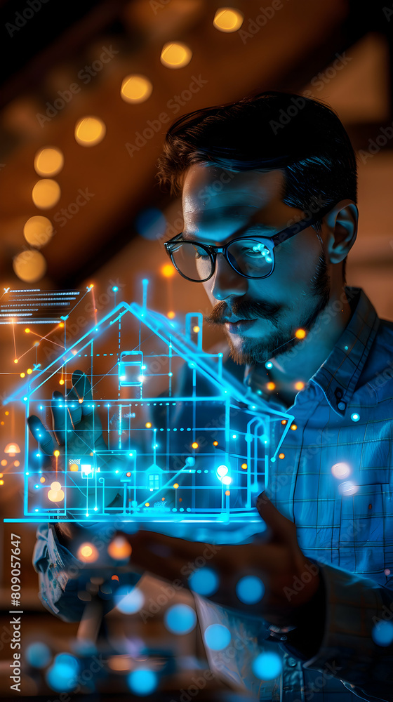 Poster electrical engineer reviewing smart home automation devices for integration and network security pro