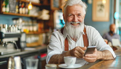 Cheerfully smiling elder with grey hair and beard enjoys cozy morning in coffee shop, savoring a small espresso. His expression reflects happiness of successful retirement and financial independence