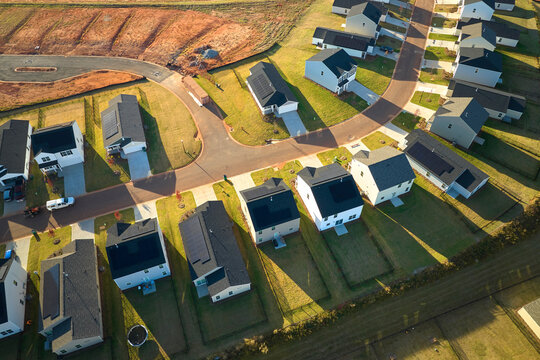 Aerial view of tightly packed homes in South Carolina residential area. New family houses as example of real estate development in american suburbs