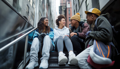group of young friends enjoys cheerful moment while sitting on urban steps, sharing laughter and camaraderie.Multicultural friends bond joyfully on city stairs, embracing friendship and urban life