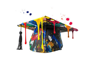 A colorful paint splatter on a cap and tassel