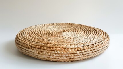 Tranquil Zen Meditation: Circular Straw Cushion on White Background