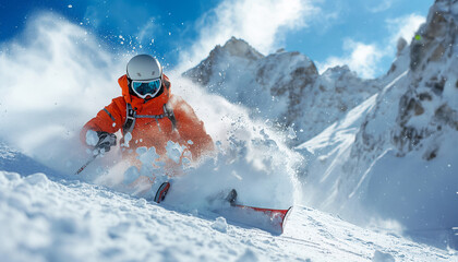 Fast moving freestyle skier in open terrain off-piste deep powder snow in the rocky high mountains dressed orange with modern skiing equipment. Extreme people leisure and activity concept.