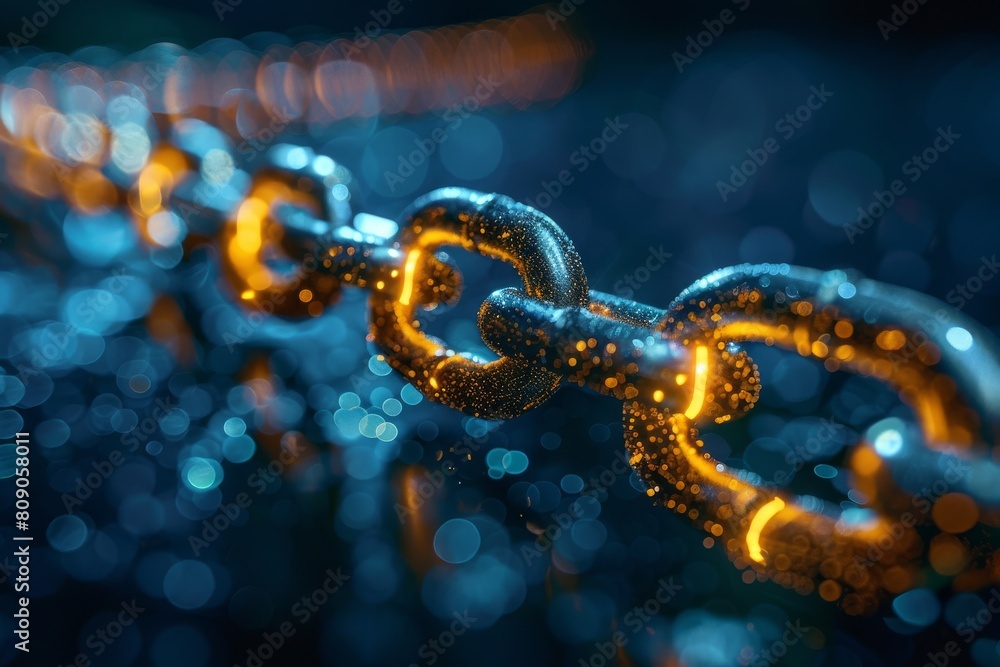 Poster a digital art concept depicting glowing chain links against a mesmerizing blue bokeh effect, symboli