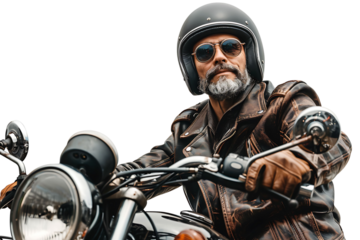 Portrait of biker looking away wearing leather jacket helmet and sunglasses on isolated transparent background