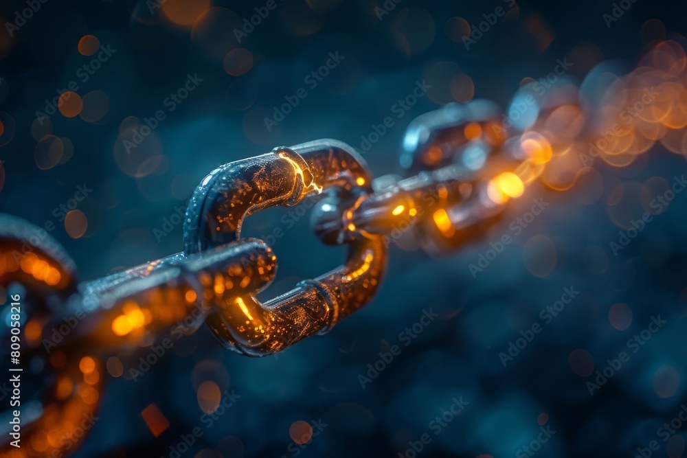 Poster an artistic rendering of chain links with a light flare on a blue background, illustrating concepts 