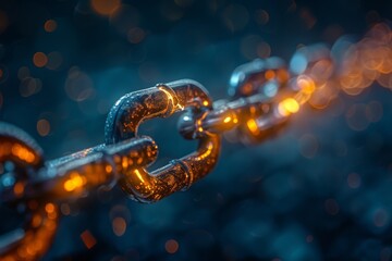 An artistic rendering of chain links with a light flare on a blue background, illustrating concepts of link and security