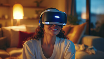 Beautiful woman sitting in a comfortable home setting on the sofa and using a modern virtual reality headset. Image representing modern high-end technology and human entertainment concepts