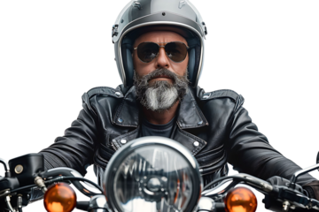 Portrait of biker looking away wearing leather jacket helmet and sunglasses on isolated transparent background