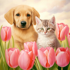 puppy and kitten in a field of tulips with a dog