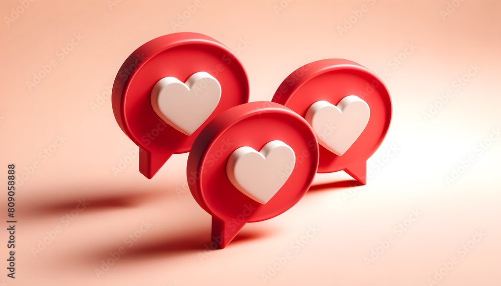 Aufkleber red speech bubbles with white hearts bursting out towards the viewer from a deep pink background.