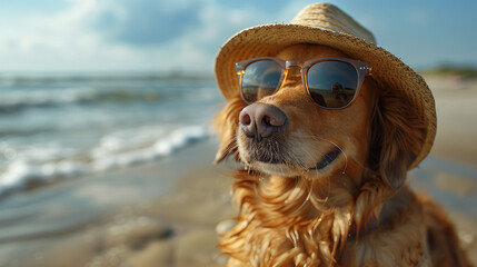 A dog on vacation at the beach, holiday