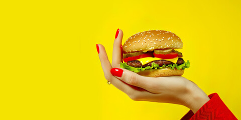 healthy eating concepts with hamburger on female hand.closeup fastfood studio shot with...