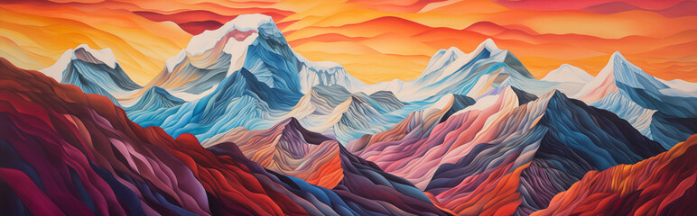 painting of a mountain range with a sunset in the background
