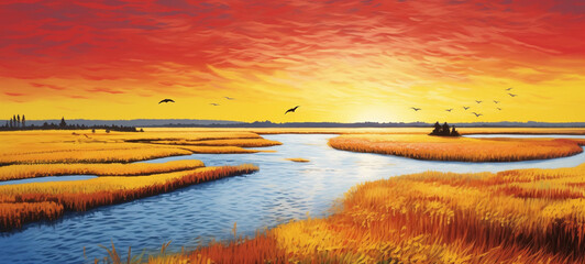 painting of a sunset over a marsh with birds flying over it