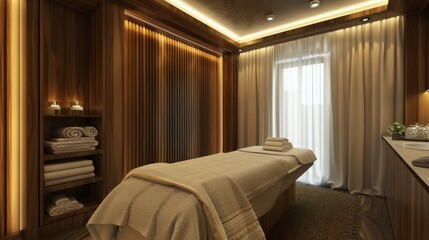 A tranquil massage room equipped with a comfortable table, candles, and soft lighting creating a relaxing atmosphere.