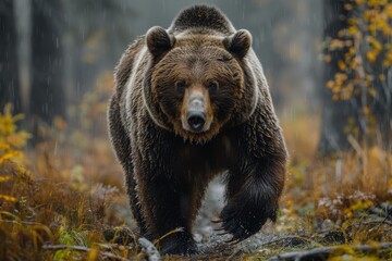 Fototapeta premium This image captures a full-grown bear moving majestically through a dense forest, with mist adding mystery to the scenery