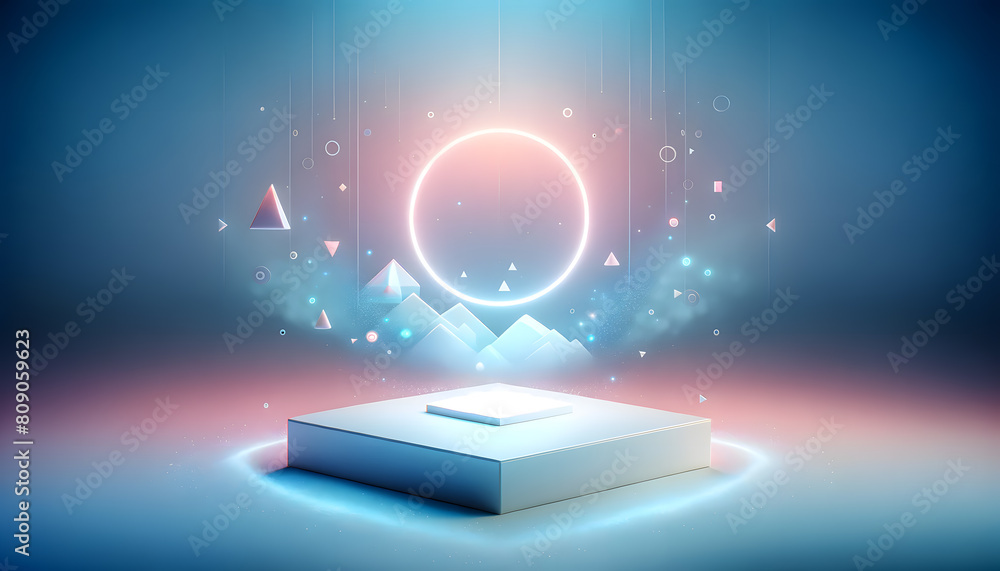 Poster a futuristic glowing white platform with a circular ring above it, set against a gradient background