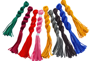 A collection of colorful tassels are displayed in a row