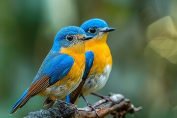 Obraz premium Capturing the captivating beauty of two blue and orange birds nestled together on a branch against a green bokeh background