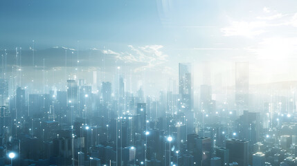 A cityscape with a light blue background and a cityscape,View of a futuristic city with modern buildings 