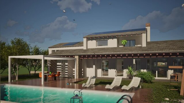 Modellazione 3D e video di edificio residenziale con piscina e bandiera Denmark al vento