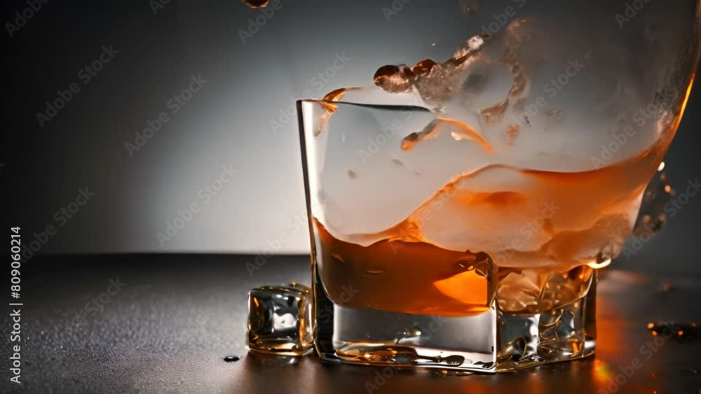Poster glass of whiskey with ice on table generative ai