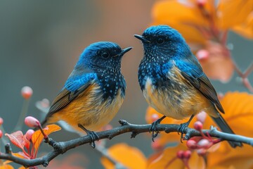 Obraz premium Close-up of blue birds with detailed feathers perched on a branch with soft orange foliage, showcasing avian beauty