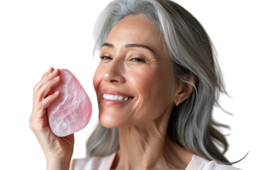 Beauty portrait of senior woman using massager for perfect skin of her face on isolated transparent background