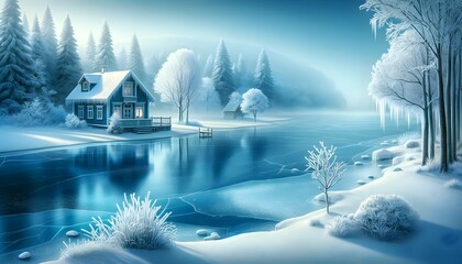 Chilly winter morning at a frozen lake, surrounded by frost-covered trees and a serene blue-toned landscape, echoing silence.