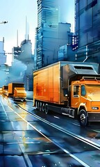 Naklejka premium Fleet of self-driving trucks automatically delivering goods across long distances