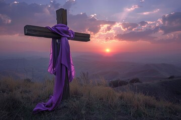Luxurious purple-draped monumental wooden cross glowing in enchanting sunset view