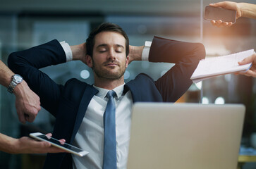 Businessman, calm and relax with chaos in office with multitasking workflow and peaceful with...