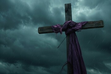 Simple wooden cross with purple cloth under stormy sky, evoking somber ambiance