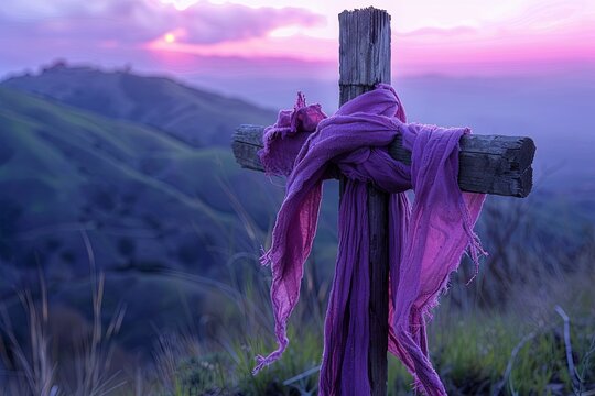 Wooden cross adorned with luxurious purple cloth, against sunset hills, evoking Lent ambiance