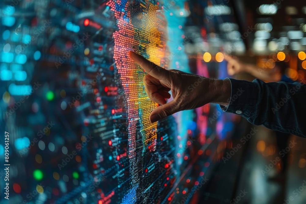 Poster close-up of a finger pointing at colorful, illuminated pixels showcasing data in an artistic digital