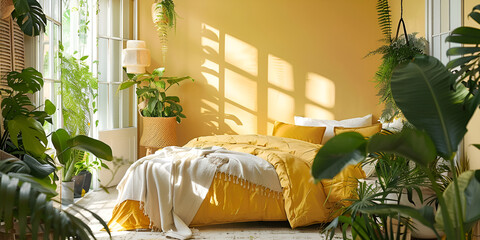 Cozy elegant bedroom with bed, nice bedclothes, spring decor and soft lighting.