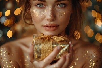 Naklejka premium Close-up of a woman's face festively adorned with golden glitter, holding a small gift