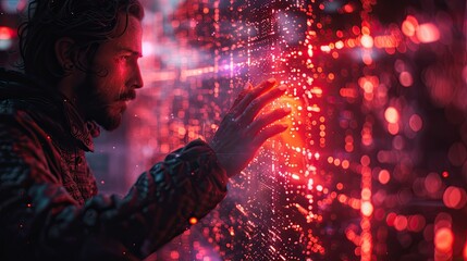 Futuristic Interface Interaction with Glowing Circuitry, Human hands engage with a sophisticated, futuristic interface, glowing with intricate circuit patterns and light.