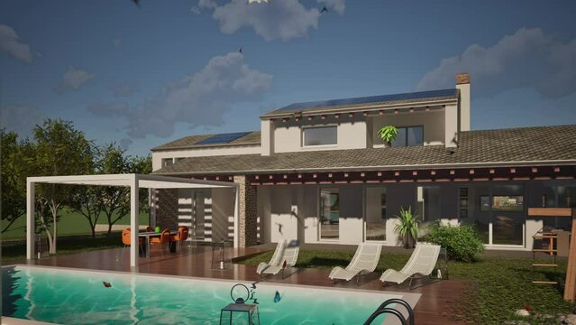 Modellazione 3D e video di edificio residenziale con piscina e bandiera Czech Republic al vento