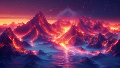 A colorful, glowing landscape with mountains and a blue sky by AI generated image