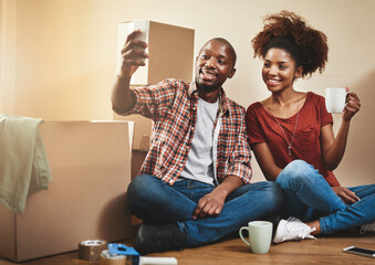Couple, moving and selfie in home with phone for social media, memory and relax in apartment....