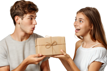 Handsome young man is giving gift box to surprised girlfriend on isolated transparent background