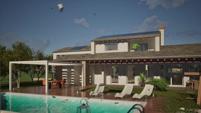 Modellazione 3D e video di edificio residenziale con piscina e bandiera Brazil. al vento