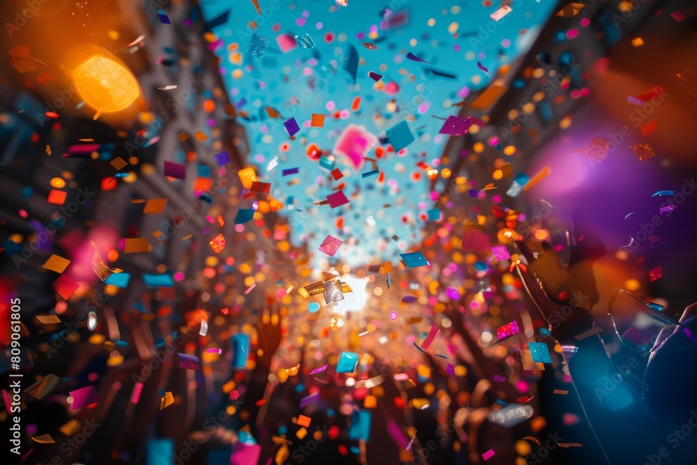 Poster dynamic image of a confetti explosion mid-air with a bokeh effect, creating a lively celebration atm