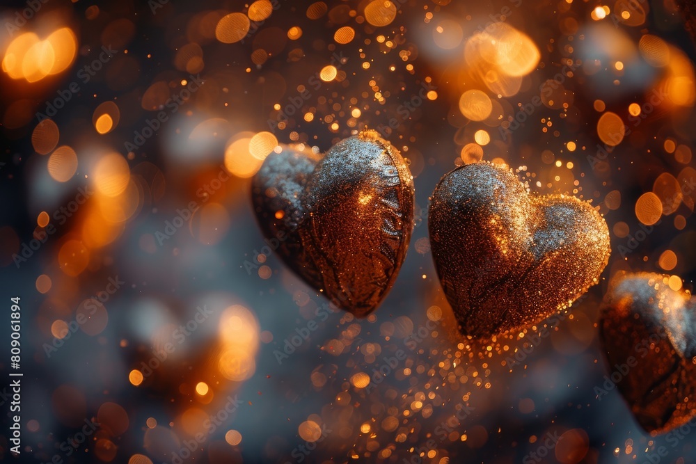 Poster three glittering golden hearts floating with a magical bokeh effect in the backdrop perfect for them