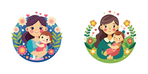 Fototapeta premium Set of Mother's Day vector illustration of mom and baby isolated on white background 