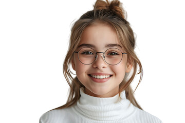 Obraz premium Happy teen girl wearing white turtleneck and eyeglasses isolated on transparent background