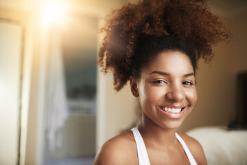 African woman, portrait and happy in morning in home with mockup space, confidence or natural hair...