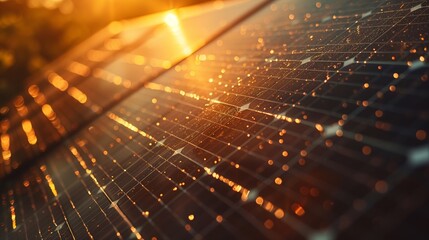 A macro shot of sunlight glistening on the surface of a solar panel, highlighting the intricate patterns of photovoltaic cells converting sunlight into electricity 